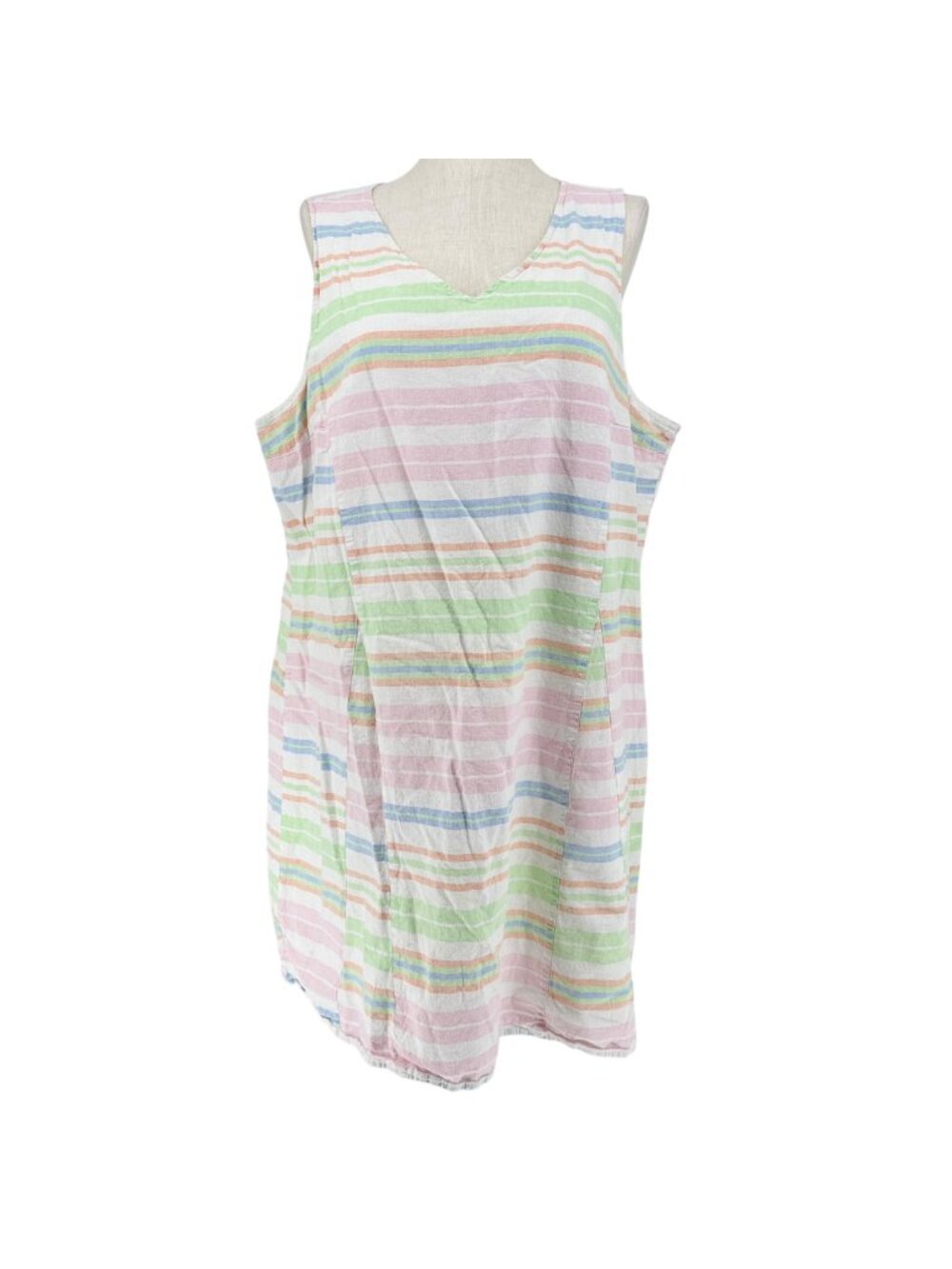 Kim Rogers Curvy Dress 2X Striped Sleeveless Linen Blend White w Pastel Stripes
